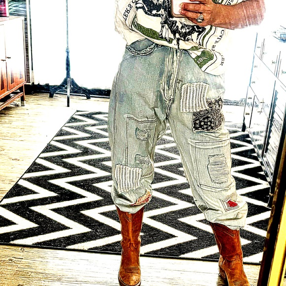 NEW 100% cotton shabby patchy farm worker jeans lagenlook boho patchwork denim - Picture 7 of 12